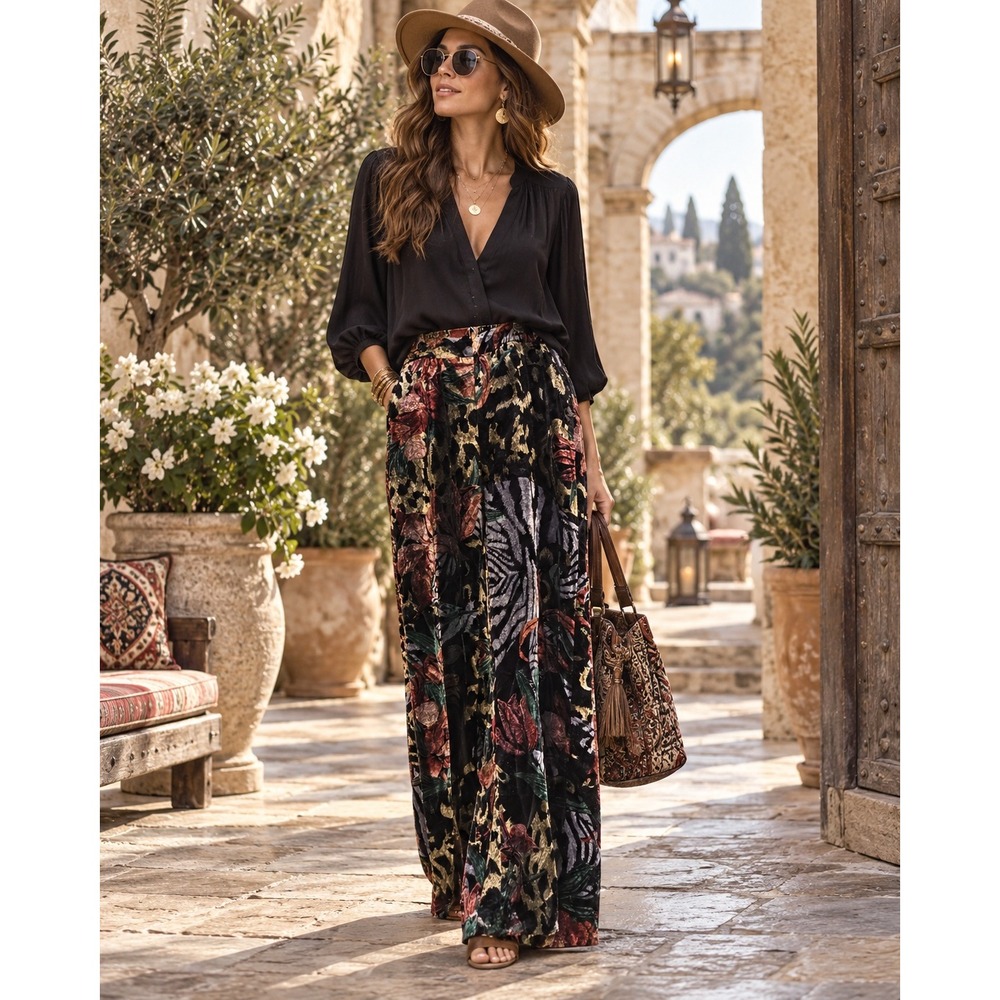 Chicos Velvet Wide Leg Pants Tall Mixed Animal Floral Print Size 000T 0T